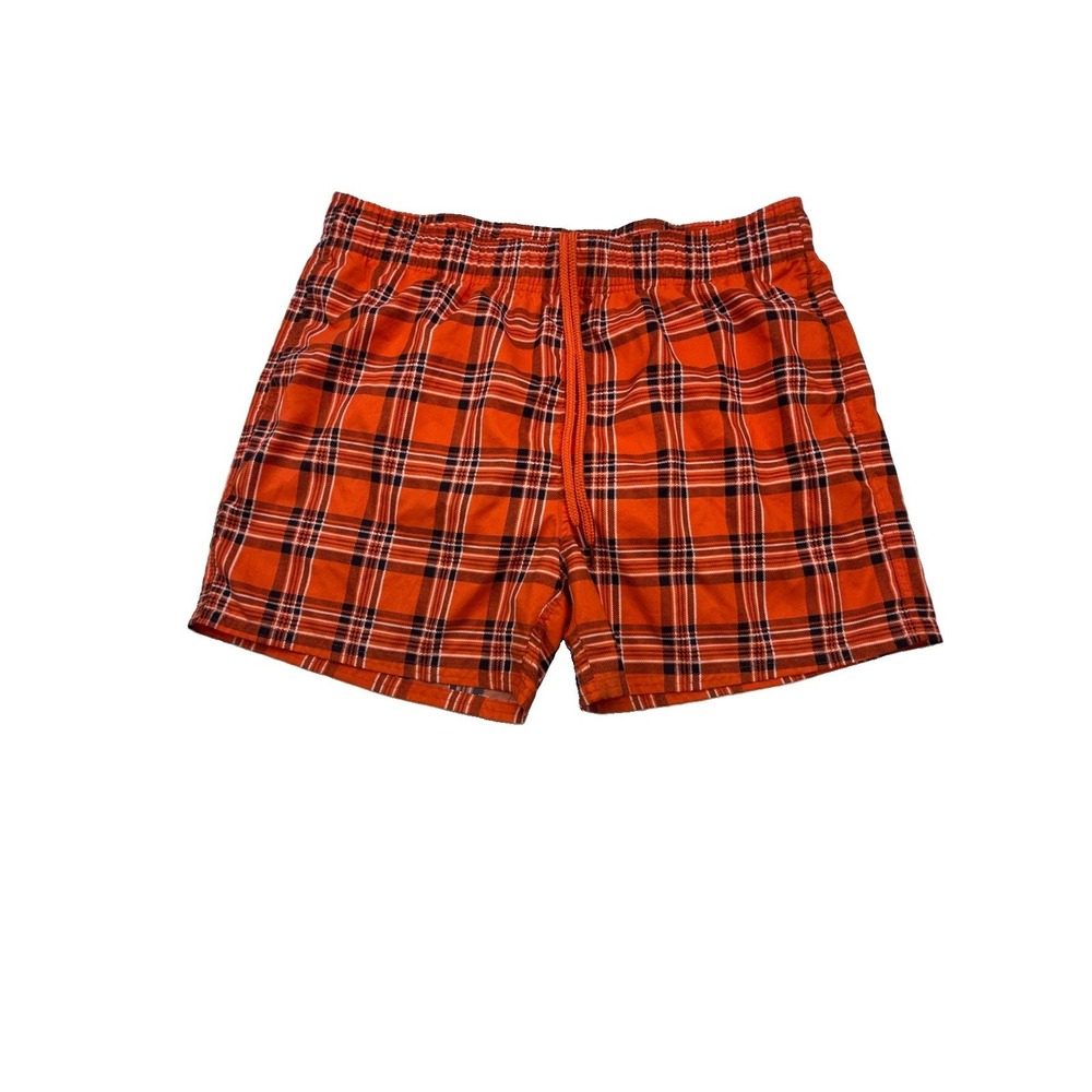 Talos Mens XL Plaid Swim Shorts Orange Lined Drawstring Pockets